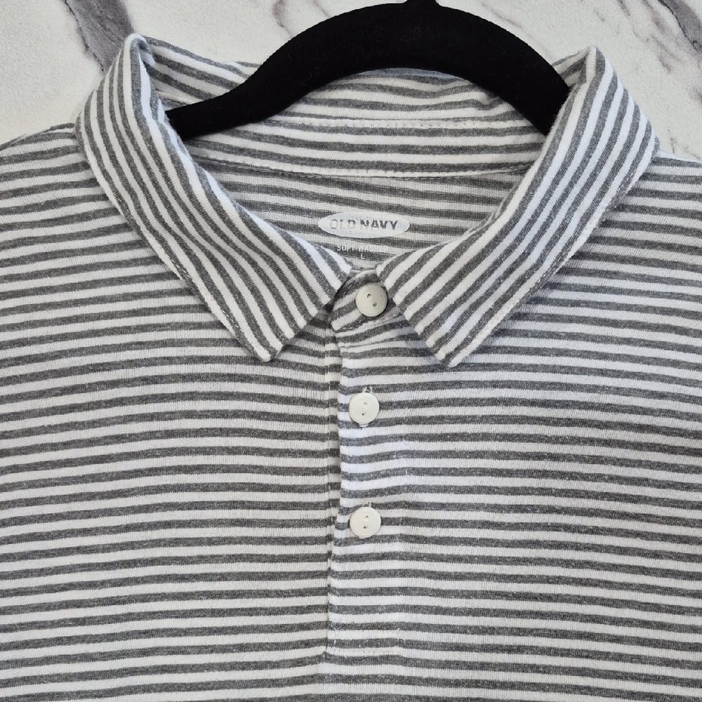 Old Navy Soft Washed Striped Polo Shirt, Gray & White, Mens Large